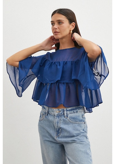 Uterpe Lacivert Fırfırlı Tül Bluz