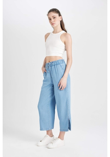 Defacto Culotte Yüksek Bel Kısa Geniş Paça Yırtmaçlı Jean Pantolon B5200AX24SMNM28 Mavi