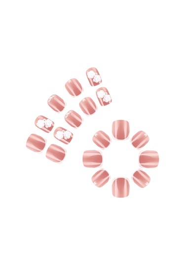 Kısa Bahar Ve Yaz Basit Gül Çiçek Elmas Tırnak Sanatı Fransız Beyaz Kenarlı İnci Takma Tırnaklar 24 Adet Parlak Aşınma Tırnakları Dahil Aletlerys529