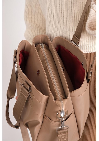 Kadın Omuz Çantası Saten Kumaş 35 25 Cm Çapraz Askılı Postacı Çanta Mega Bag Vegan Deri Kol Çantası Vizon