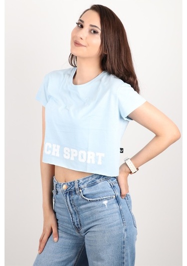 Kadın Kısa Kollu Crop Bluz Mavi