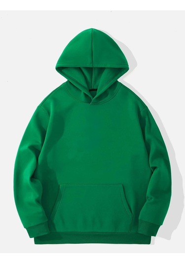 Düz Basic Kalın Kışlık Sweatshirt - Nefti Yeşil Oversize Kapüşonlu Nefti Yeşil