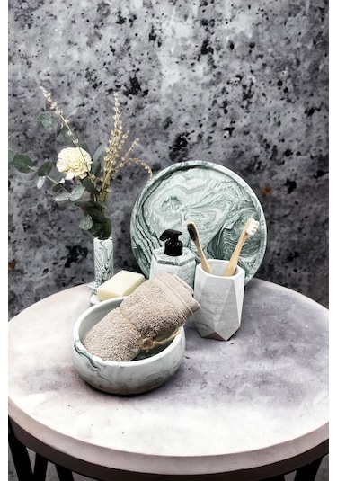 Betonmall 6 Parça Mermer Desenli Beton Banyo Seti Katı Sıvı Sabunluk Diş Fırçalığı Havluluk Tütsülük Tepsi - Yeşil Yeşil