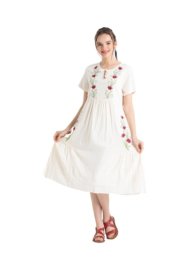 Kısa Kol Şile Bezi Lalezar Nakışlı Midi Boy Elbise Krem Krm-krem