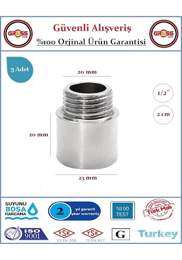 1/2'' Musluk Uzatması - 2cm - Paslanmaz Çelik - 3 Adet