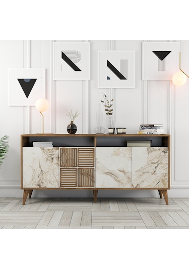 Milan 160cm Konsol - Ceviz / Beyaz Mermer