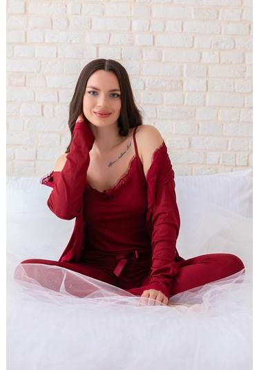 Sabahlıklı Dantel Detaylı Pegasus Kadın Pijama Takımı-çeyizlik Takım- Geniş Beden Aralığı Bordo