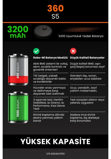 360 S5 Akıllı Robot Süpürge Bataryası 14.4v 3200mah