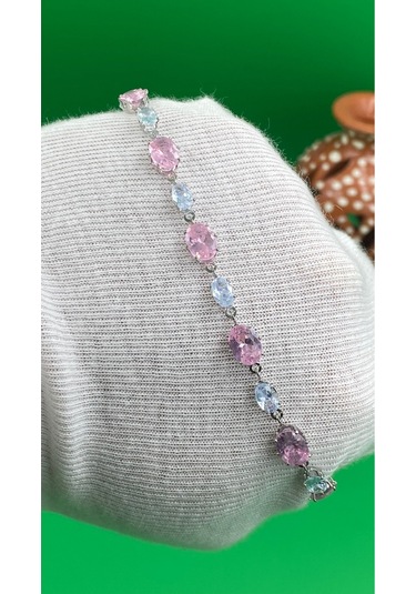 Kadın Gümüş Renk Renkli Zirkon Taşlı Çelik Bileklik Altın - Pembe