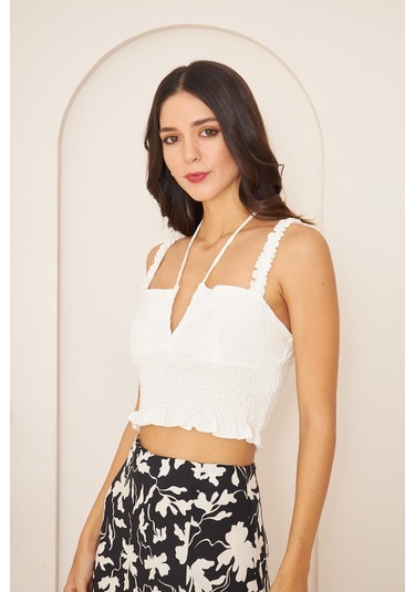 Darlin Moda Beyaz Askılı Crop Bluz Dm7003 Beyaz
