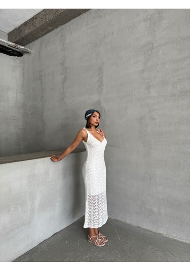 Kadın Askılı Ajurlu Yazlık Triko Elbise Ekru