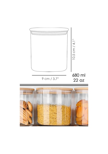 12'li Bambu Kapak Cam Saklama Kabı - Bakliyat Erzak Kavanozu Vakum Kapaklı Cam Kavanoz Seti 680 Ml Şeffaf