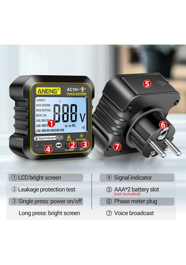 Vkemall Aneng Çok Fonksiyonlu Ses Yayını Soket Test Cihazı Kaçak Korumalı Soket Polarite Algılama 36013eu