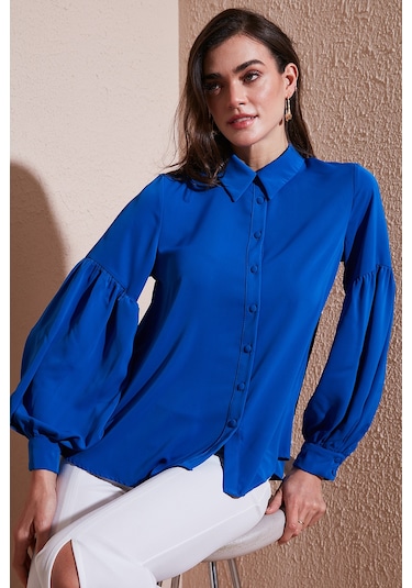 Lela Regular Fit Dikiş Detaylı Düz Yaka Balon Kol Bayan Gömlek 611Go00003 Saks