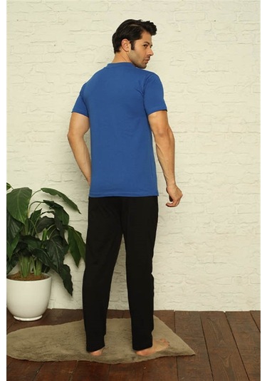 Akbeniz Erkek Sax V Yaka 3'Lü Pijama Takım 6822-Saks Saks Mavisi