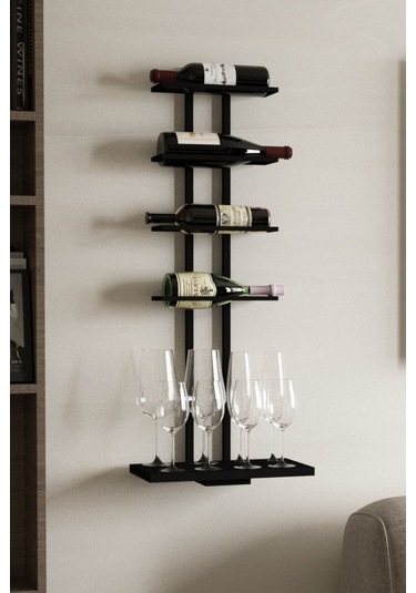 Aju Şaraplık Ve Kadeh Rafı Duvara Monte Şarap Mahseni Modern Duvar Alkol Rafı Metal Ve Ahşap Tasarım Siyah