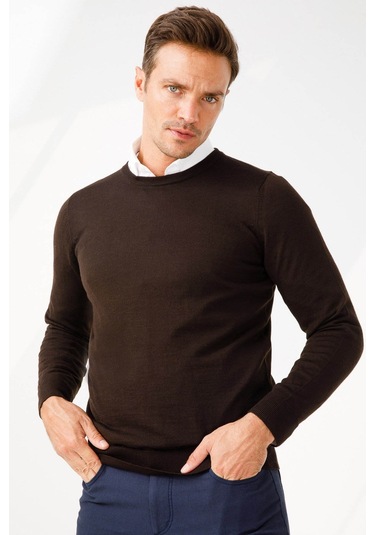 Desen Triko Erkek Basic Sıfır Yaka İnce Triko Kazak 02421603 Koyu Kahve Koyu Kahve