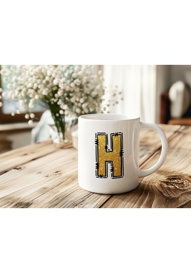 H Harfi Gold Simli Kupa Işıltılı Alfabe Harf Tasarımlı Kahve Kupası - Kişiye Özel Hediye Beyaz