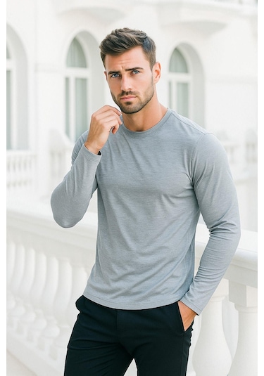 Erkek Uzun Kollu Bisiklet Yaka Tişört - %100 Pamuk Basic Relaxed T-shirt Gri