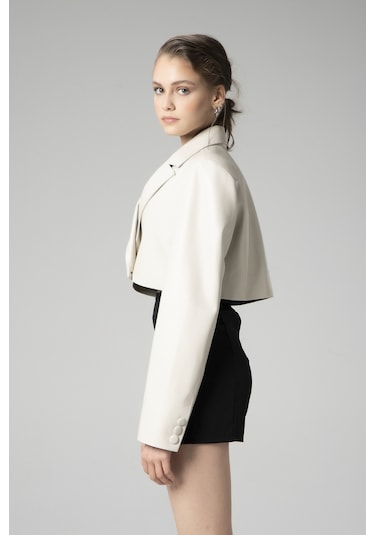 Dericlub Jasmine Kadın Crop Blazer Hakiki Deri Ceket Bej Null Bej
