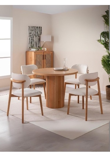 Boho İskandinav Natural Ahşap Masa Sandalye Takımı 90x90 Natural