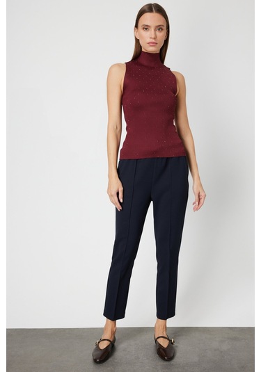 On Kadın Taşlı Kolsuz Triko Bluz 66375 Bordo Bordo