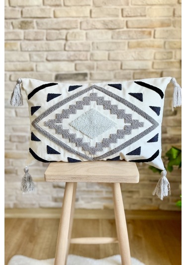 Swita Home Punch İşlemeli Tekli Dekoratif Özel Tasarım Kırlent Kılıfı Panç Koyu Gri