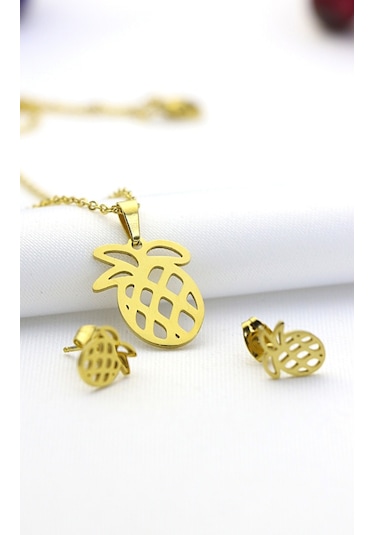 Ananas Çelik Kolye Küpe Set Gümüş