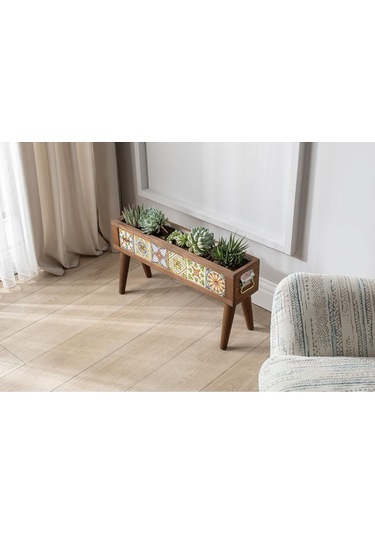 Halohope El Yapımı Ayaklı 6 Çinili Dekoratif Modern Ahşap Dikdörtgen Bahçe Balkon Saksı Saksılık Çiçeklik