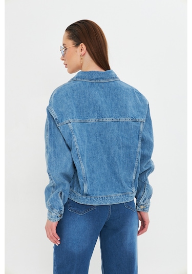 Mavi Yıkamalı Oversize Denim / Kot Ceket Orta Mavi