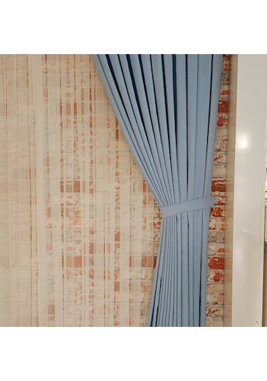 Bebe Mavisi Renk Fon Kadife Perde Çift Kanat 1/3 Sık Pileli Dikim V-32 Bebek Mavisi