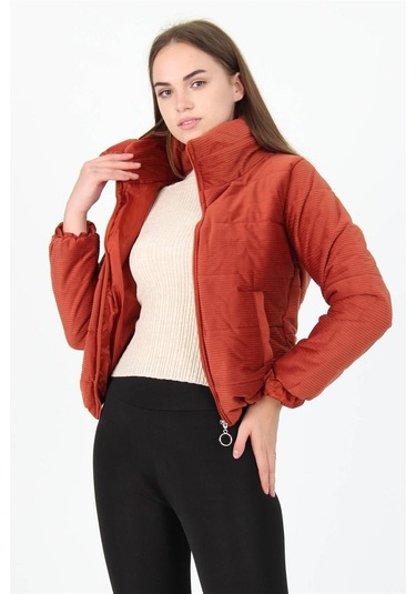 Kadın Yüksek Yaka Cepli Kışlık Kadife Mont Dpnb7154 Kiremit