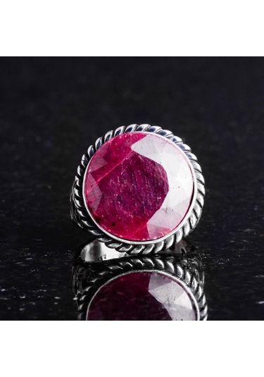 Gerçek Doğal Taş Yüzük - 925 Ayar Katı Gümüş Erkek Yüzüğü İle Yakut Gümüş