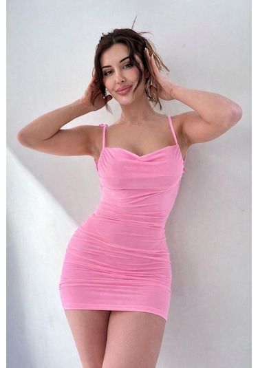 Pink Life Pembe Omuzdan Bağlamalı Sırtı Açık Bodycon Mini Pembe