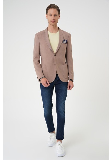Comfort Fit Torba Cep Gofre Kumaş Casual Bej Ceket C 679 Bej