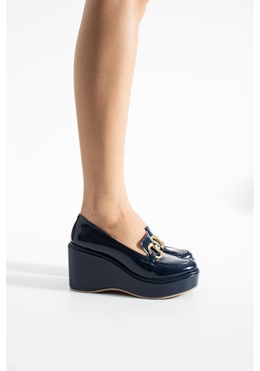 Zenne Shoes Dolgu Topuklu Tokalı Kadın Ayakkabı Lacivert