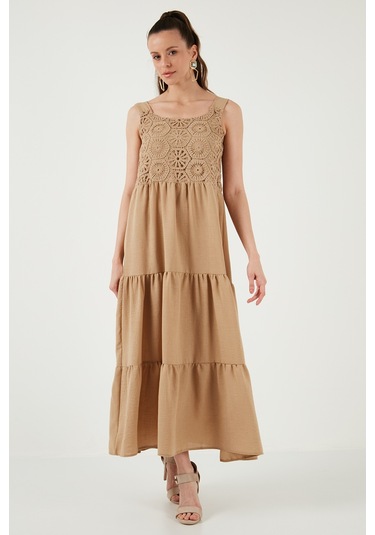 Lela Relaxed Fit Volanlı Uzun Bayan Elbise 611El010 Vizon