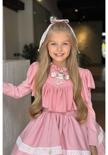 Riccotarz Kız Çocuk Göğsü Ve Yakası Fırfırlı Eteği Pliseli Dantel Şerit Detaylı Pudra Elbise Pudra