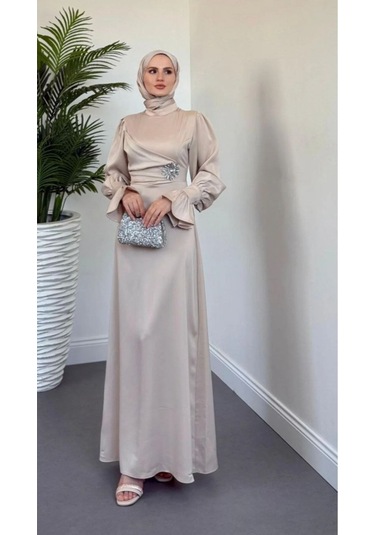 Yandan Taşlı Abiye Krem