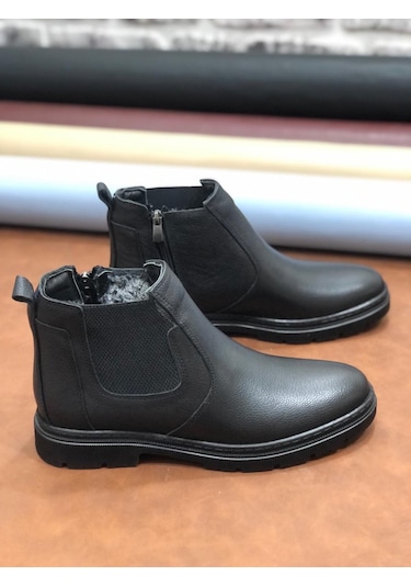 Derilax Hakiki Deri Ortopedik Büyük Numara 45-46-47 Kürklü Kışlık Erkek Bot Siyah