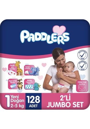 Paddlers Bebek Bezi 1 Numara Yenidoğan 128 Adet (2-5 Kg) 2'li Jumbo Set
