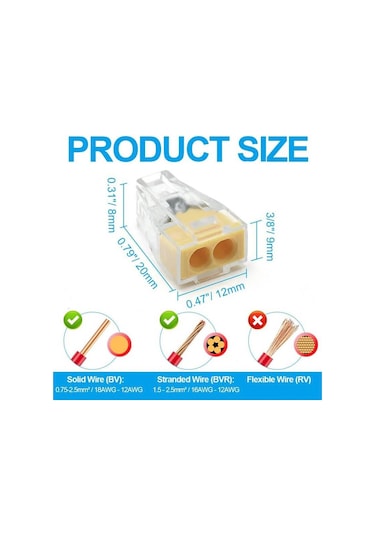 Koodmax 100 Adet Pct-102 2 Pinli İtmeli Hızlı Kolay Kablo Tel Birleştirici Konnektör Vidasız Klemens