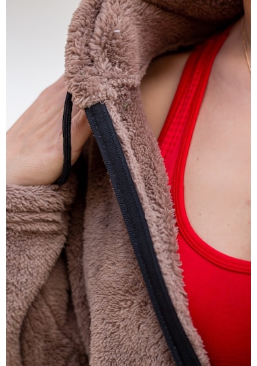 Kadın Vizon Peluş Kalın Fermuarlı Kapüşonlu Cepli Ceket 23kcktmy50 001