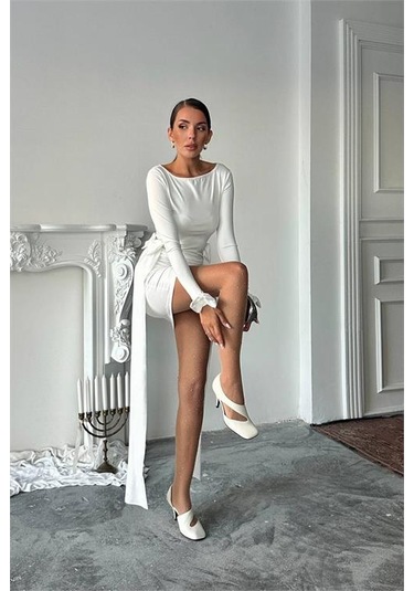 Neşeli Butik Kadın Yan Kurdele Detaylı Mini Elbise Nbdf167 Beyaz