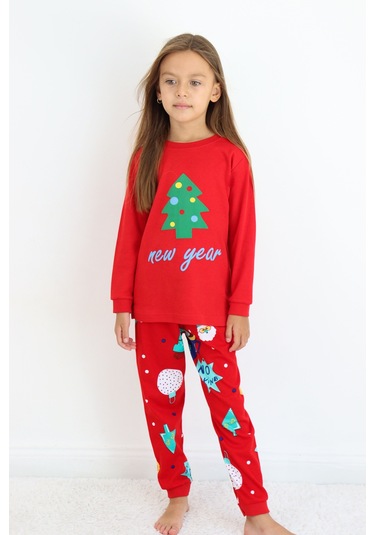Kız Çocuk Orta Kalınlıkta Basic Baskılı Pijama Takımı Kırmızı