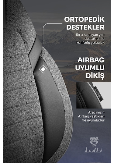 Siyah - Gri Butti Lino Serisi Keten Kumaş Premium Oto Koltuk Kılıfı Ortopedik Destekli, Ön Arka Tam Set