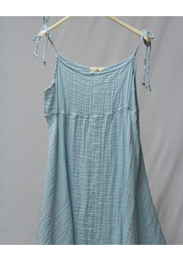 %100 Pamuk Müslin Nefes Alır Kadın Askılı Gecelik Elbise Pijama Rahat, Şık Gots Sertifikalı Açık Mavi