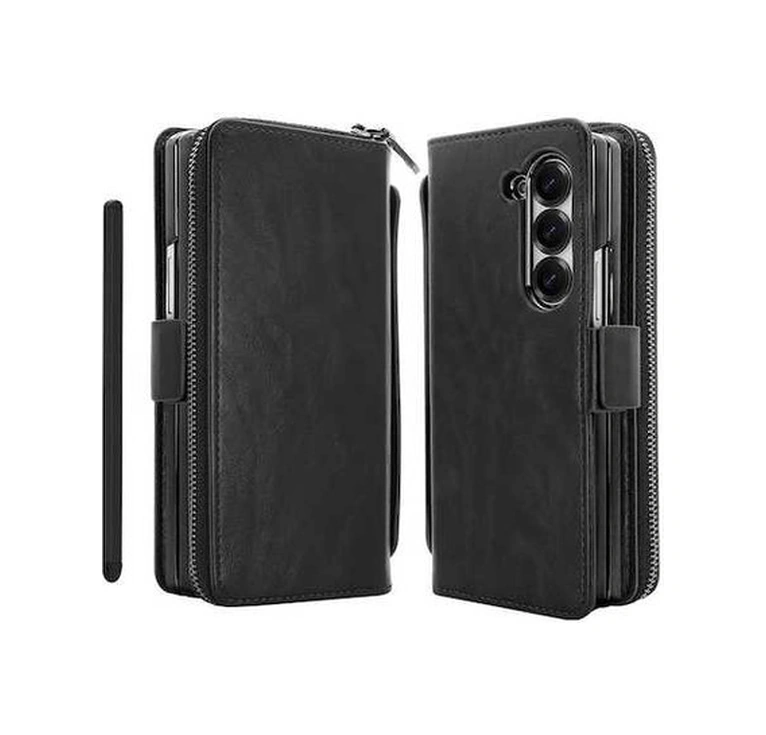 Trendooze Samsung Galaxy Z Fold 4 Faux Leather Case, Kart Yuvalı Kalemli El Kayışı