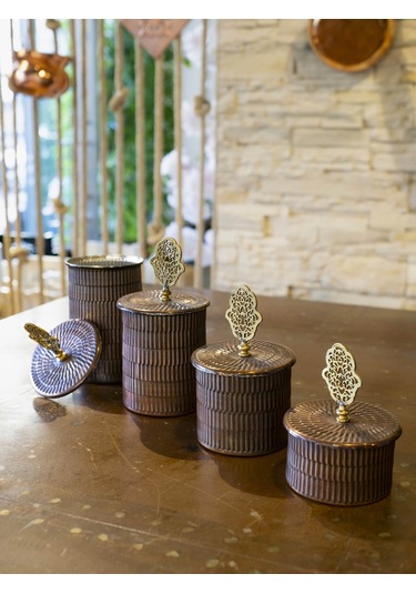 Bakır Baharat Takımı 4 Lü Tırtıklı Model Oksit Renk Oksit Bakır