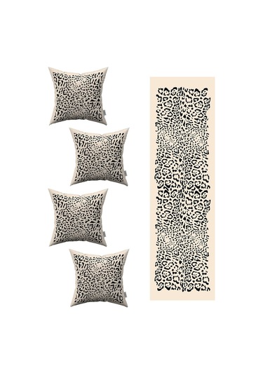 Siyah Krem Leopar Desenli 4'lü Kırlent Kılıfı 1 Runner Seti 4kmbs206-rs